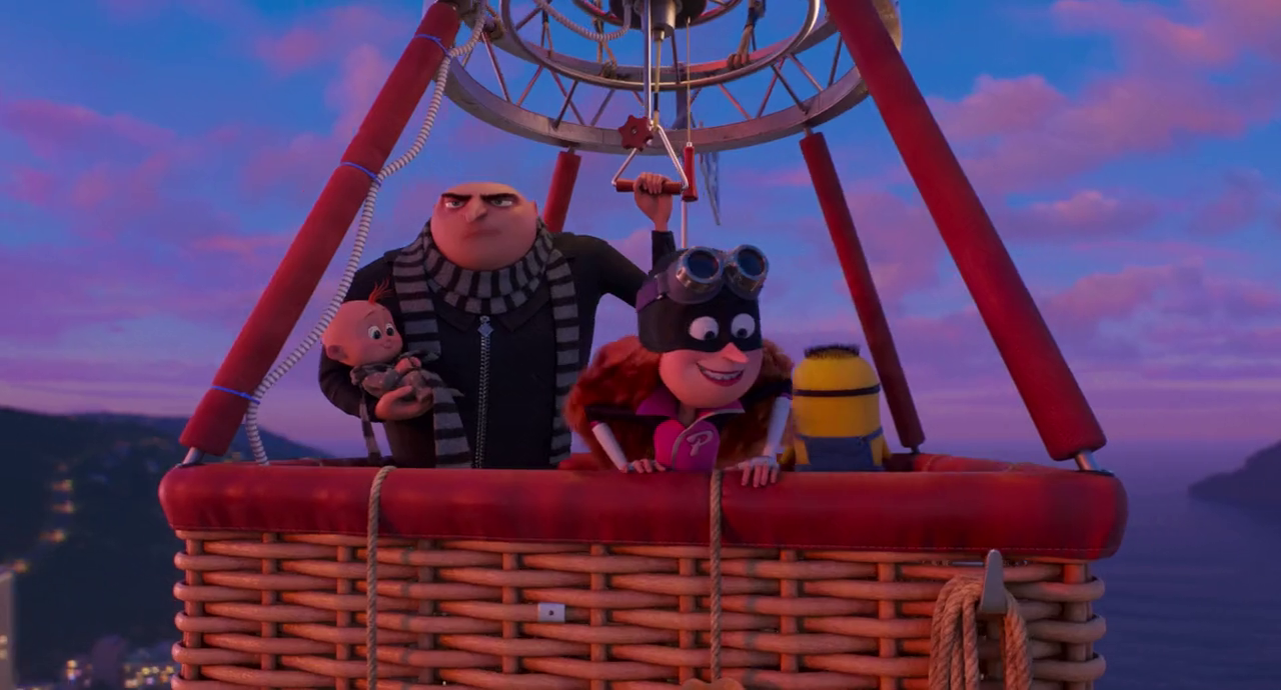 Gru, Poppy and Gru Jr. travel by hot air balloon.