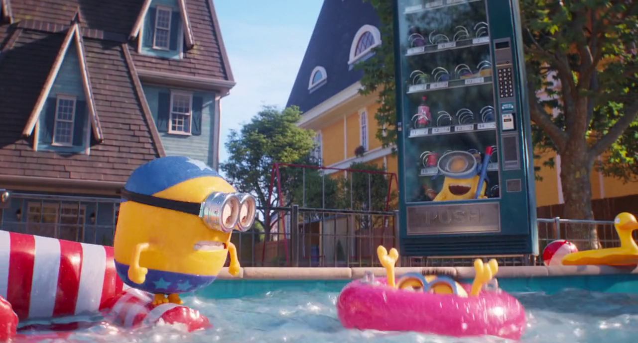 A minion slaps another minion with a pool noodle.