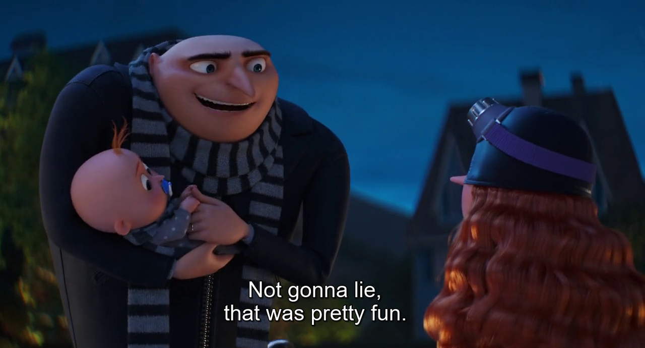 Gru admits the heist was fun to Poppy.