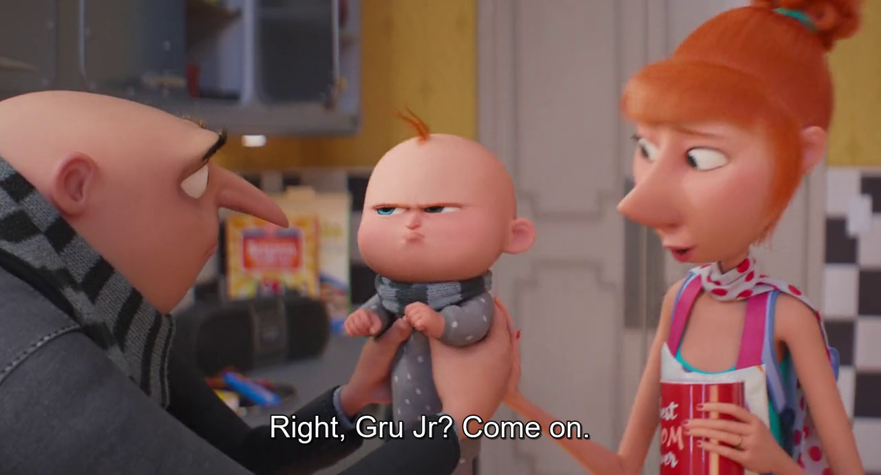 Gru holding a grumpy Gru Jr.