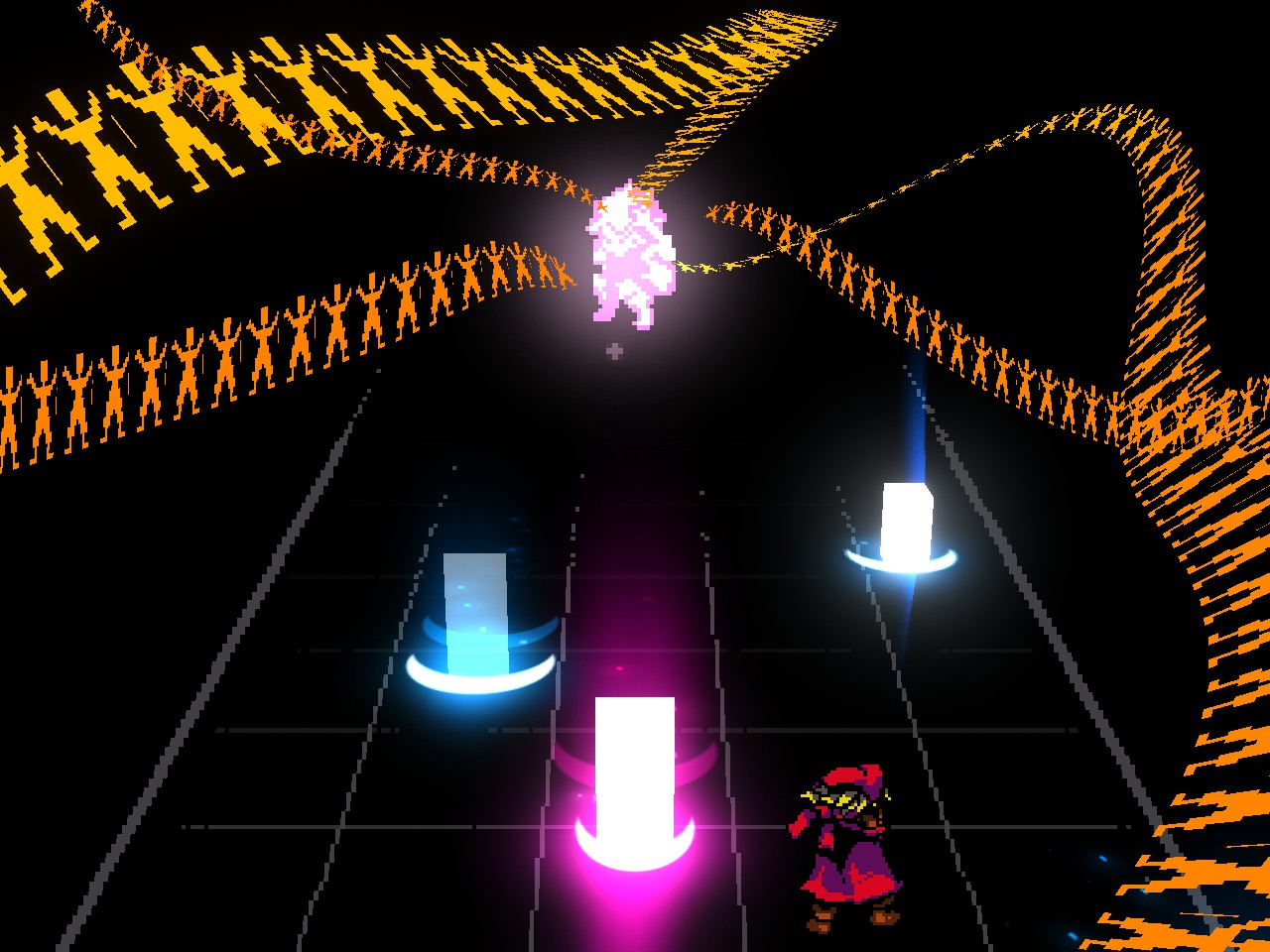 A glowing pink character absorbs an endless procession of tiny stick figures.