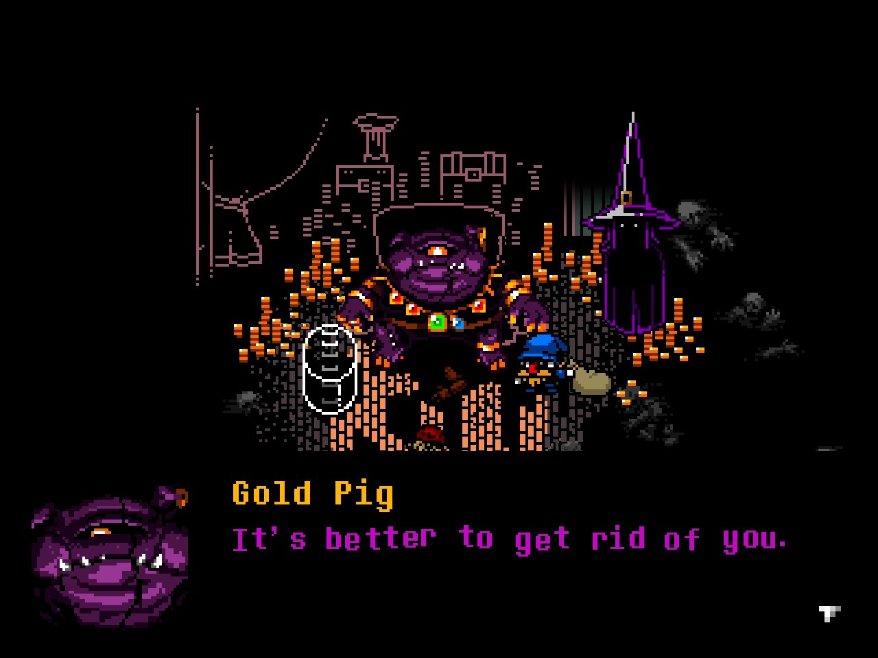 Confronting Gold Pig, Blue Thief and Purple Mage