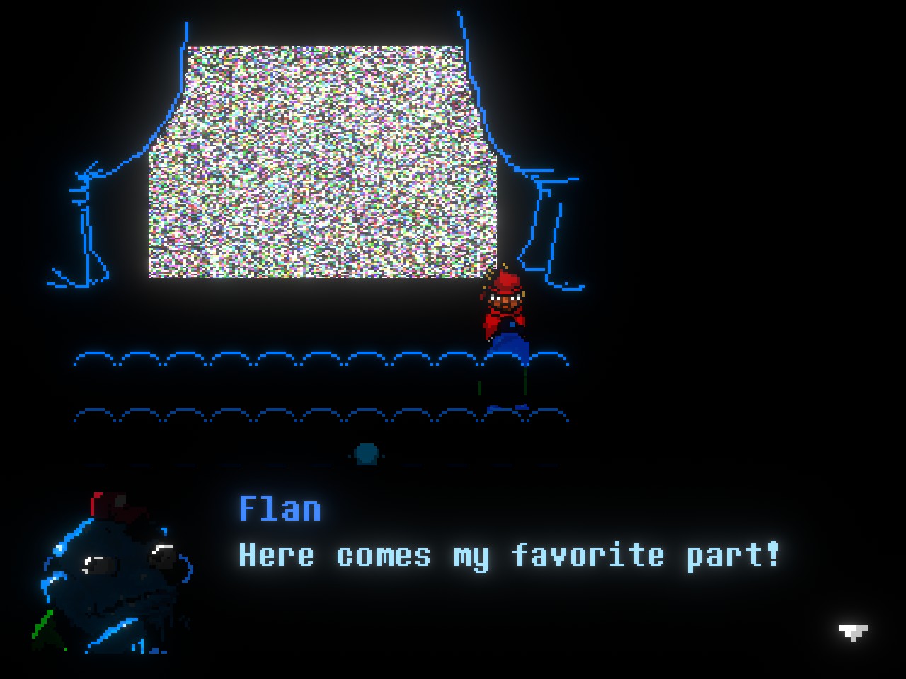 A character saying that a static screen is showing their favorite part.