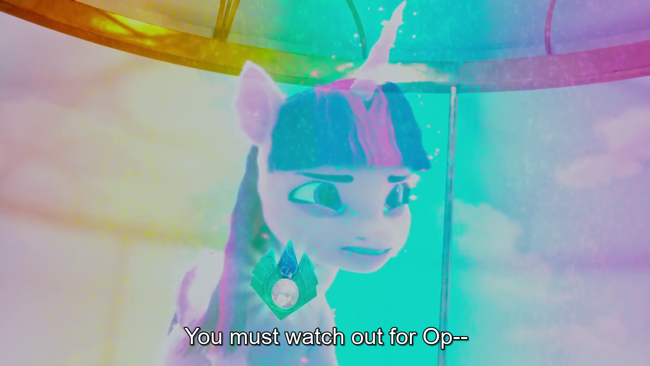 A hologram of Twilight Sparkle with a warning.